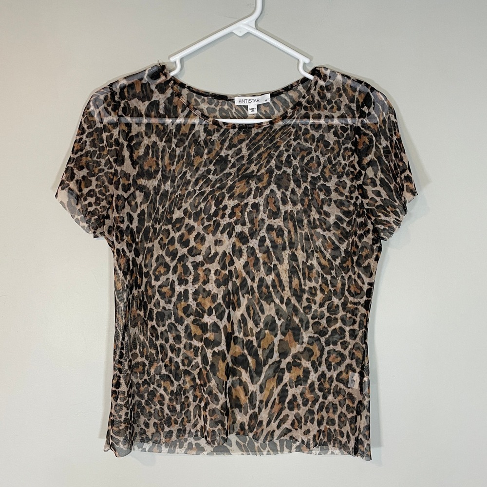 ANTISTAR Womens Leopard Print Sheer Mesh Y2K Short Sleeve Top Brown Size M